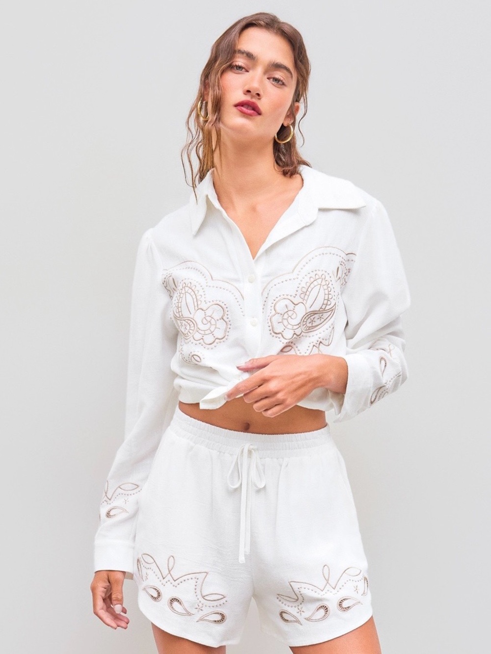 Cream Embroidered Cowboy Cotton Button Down